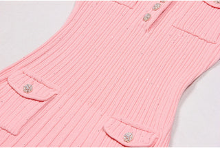 Short Sleeve Knitted Mini Dress with Collar and Pearl Button Pockets
