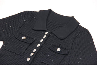 Short Sleeve Knitted Mini Dress with Collar and Pearl Button Pockets