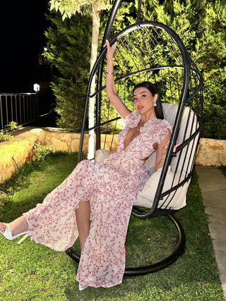 Floral Cascade Backless Long Dress