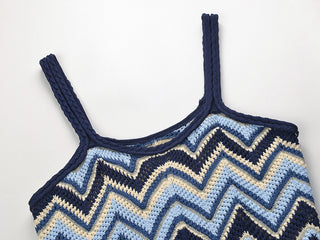 Sleeveless Knitted Long Dress with Zigzag Pattern and Square Neckline
