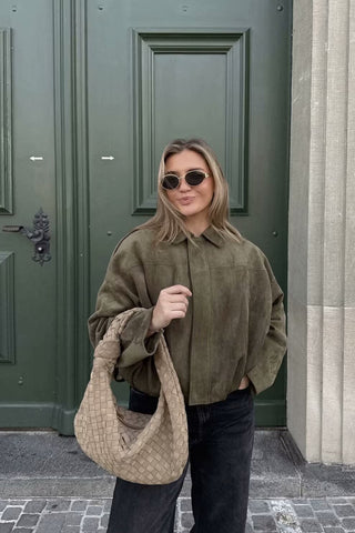 Oversized Faux Suede Jacket with Shoulder Flap Detail and Elastic Hem