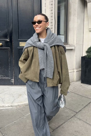 Oversized Faux Suede Jacket with Shoulder Flap Detail and Elastic Hem