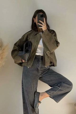 Oversized Faux Suede Jacket with Shoulder Flap Detail and Elastic Hem