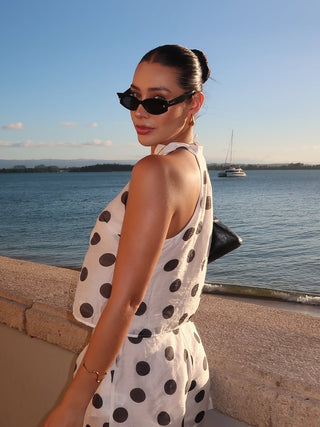 Elegant Polka Dot Halter Top & High-Waisted Shorts Linen Blend Set