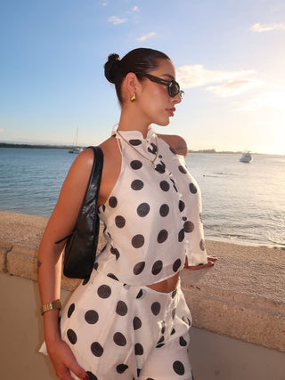 Elegant Polka Dot Halter Top & High-Waisted Shorts Linen Blend Set
