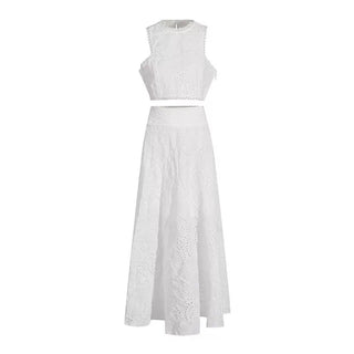 Sky Bloom Embroidered Eyelet Set  Round Neck Crop Top & High-Waist Maxi Skirt