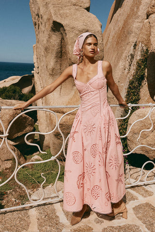 Coastal Bloom Embroidered Cutout Long Dress