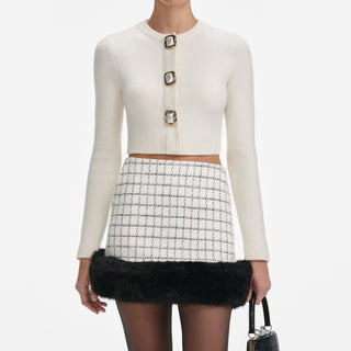 High-Waist Tweed Mini Skirt with Faux Fur Hem