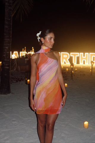 Marble Print One Shoulder Backless Chiffon Mini Dress