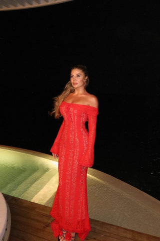 Lace Off-Shoulder Long Dress with Sheer Embroidery and Fishtail Hem