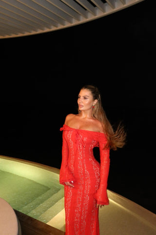 Lace Off-Shoulder Long Dress with Sheer Embroidery and Fishtail Hem