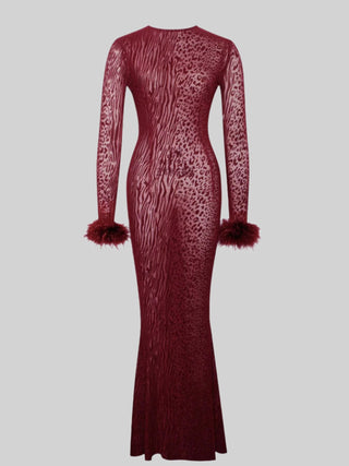 Velvet Mesh Long-Sleeve Tall Dress with Feather Cuffs