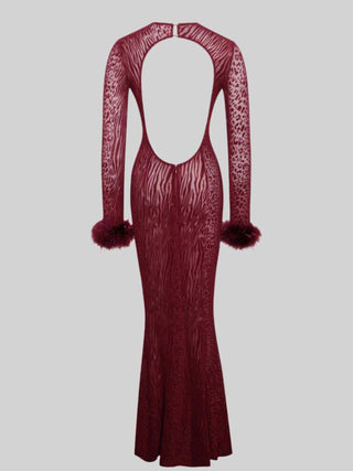 Velvet Mesh Long-Sleeve Tall Dress with Feather Cuffs
