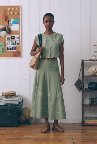 Scallop Cap Sleeve Embroidered Cropped Top & High Waist A-Line Midi Skirt Set