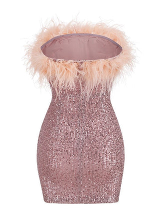 Salva Sequin Feather Strapless Mini Dress
