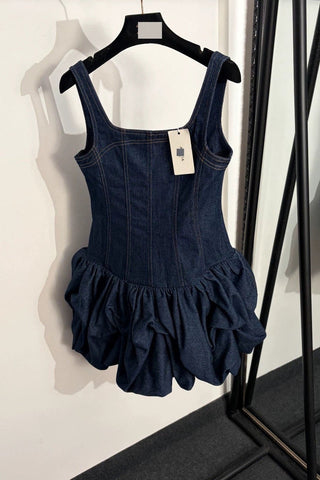 Denim Bubble Mini Dress with Square Neck & Sleeveless Fit