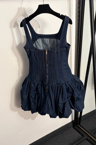 Denim Bubble Mini Dress with Square Neck & Sleeveless Fit