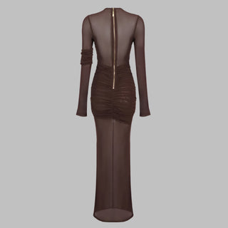 Long Asymmetric Sheer Mesh Dress with Draped Ruched Skirt