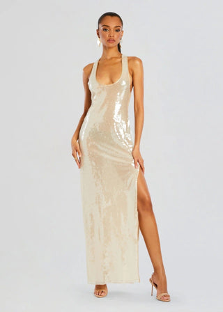 Sleeveless Sequin Halter Long Dress with High Slit