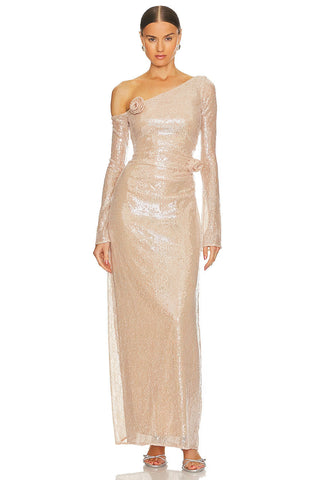 Sequin Lace One-Shoulder Long Dress with Rosette Detail
