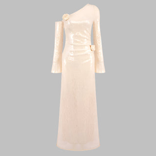 Sequin Lace One-Shoulder Long Dress with Rosette Detail