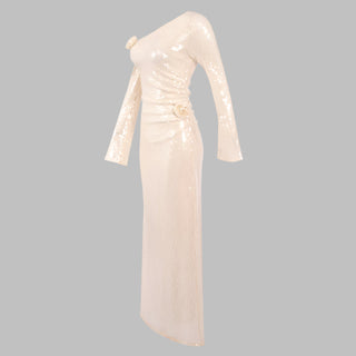Sequin Lace One-Shoulder Long Dress with Rosette Detail