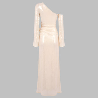 Sequin Lace One-Shoulder Long Dress with Rosette Detail