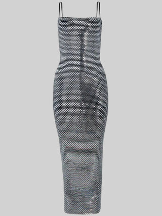 Silver Sleeveless Rhinestone Mesh Bodycon long Dress with Square Neckline