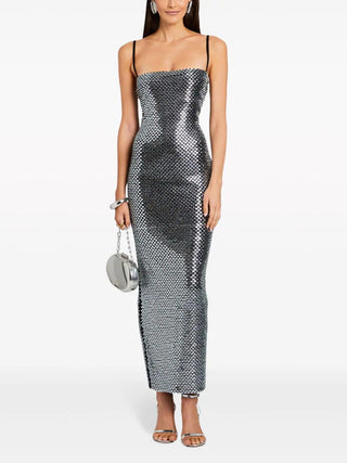 Silver Sleeveless Rhinestone Mesh Bodycon long Dress with Square Neckline