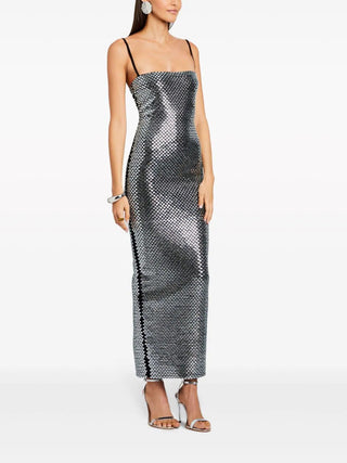 Silver Sleeveless Rhinestone Mesh Bodycon long Dress with Square Neckline