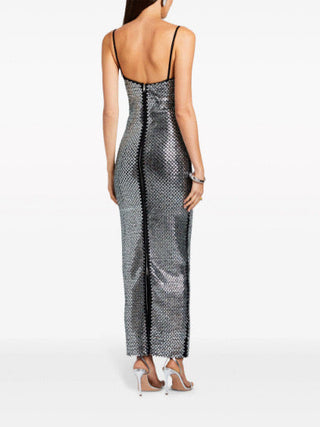 Silver Sleeveless Rhinestone Mesh Bodycon long Dress with Square Neckline