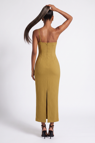 One-Shoulder Metallic Fringe Bandage Midi Dress with Back Slit