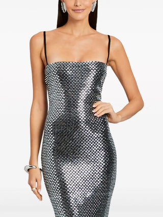 Silver Sleeveless Rhinestone Mesh Bodycon long Dress with Square Neckline