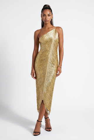 One-Shoulder Metallic Fringe Bandage Midi Dress with Back Slit