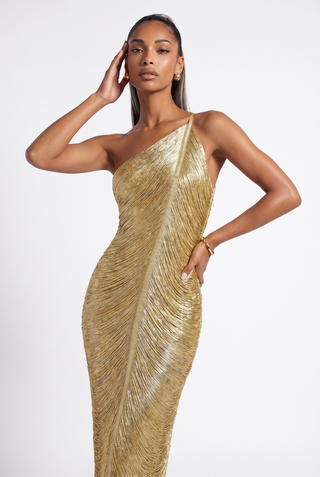 One-Shoulder Metallic Fringe Bandage Midi Dress with Back Slit