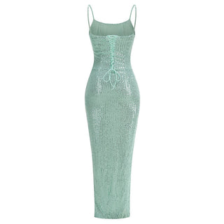Mint Sequin Bodycon Long Dress with Spaghetti Straps and Thigh-High Slit