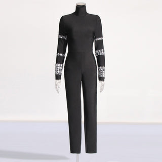 Bandage Crystal-Embellished Mock-Neck Jumpsuit with Long Sleeves