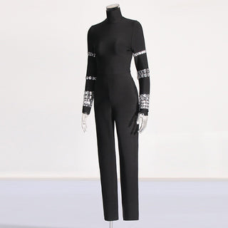 Bandage Crystal-Embellished Mock-Neck Jumpsuit with Long Sleeves