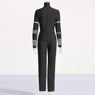 Bandage Crystal-Embellished Mock-Neck Jumpsuit with Long Sleeves
