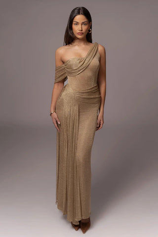 Soleil Drape One-Shoulder Long Dress – Metallic Knit Elegance