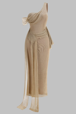 Soleil Drape One-Shoulder Long Dress – Metallic Knit Elegance