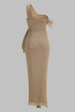 Soleil Drape One-Shoulder Long Dress – Metallic Knit Elegance