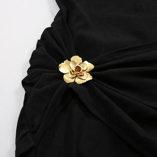 Sleeveless Stretch Maxi Dress with Side Draping & Floral Brooch
