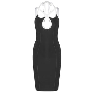 Black Bandage Midi Dress – Sleeveless Halter Cross-Strap Cutout Design