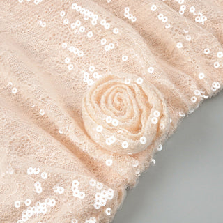 Sequin Lace One-Shoulder Long Dress with Rosette Detail