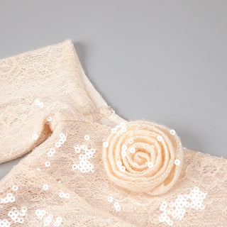 Sequin Lace One-Shoulder Long Dress with Rosette Detail