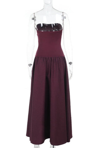 Strapless Long Dress with Fitted Bodice and Flared Skirt.