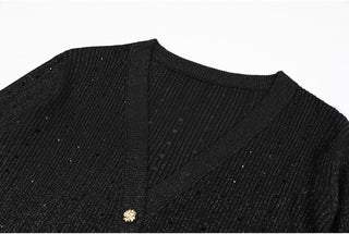 Black Glitter Ribbed Knit Two-Piece Set – Sleeveless Dress with Embellished Details and Long-Sleeve Cardigan