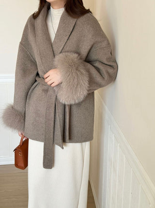 Double-Faced Wool Coat with Fur Cuffs - Mid-Length, Belted Wrap Coat