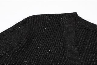 Black Glitter Ribbed Knit Two-Piece Set – Sleeveless Dress with Embellished Details and Long-Sleeve Cardigan